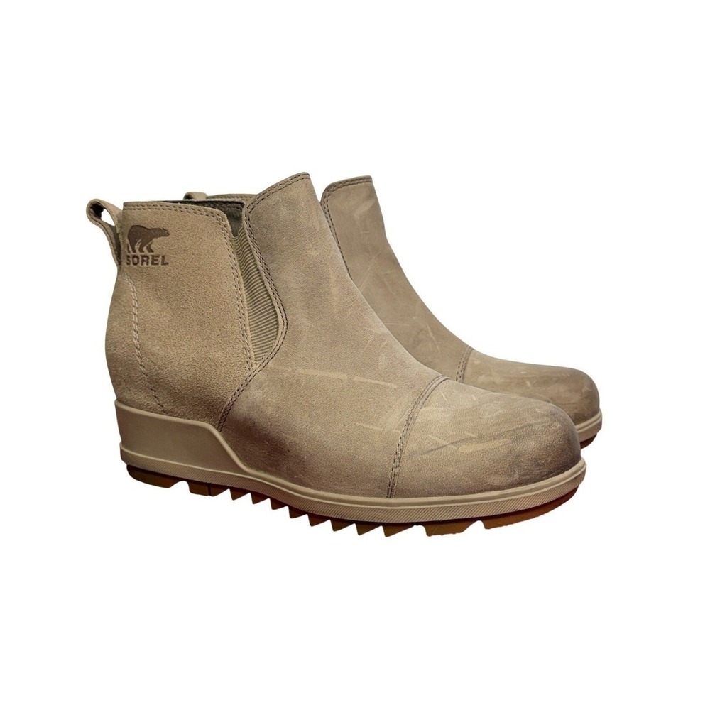 Sorel Womens Evie Pull-On Chelsea Suede Waterproof Wedge Booties 6.5 Taupe Fall